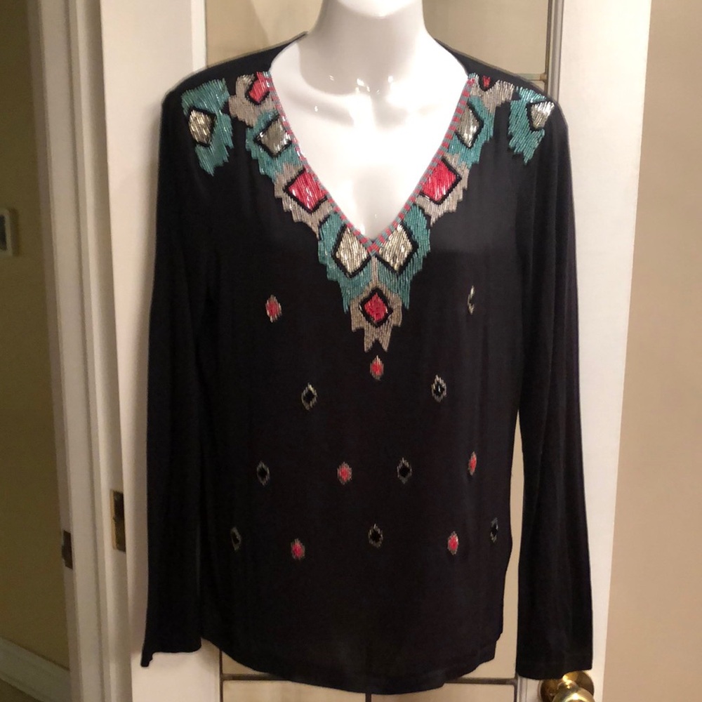 Embroidered Black V-Neck Women's Top